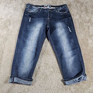 BLUE EPIC CAPRI, CROPPED WOMENS JEANS sz10 DARK BLUE DISTRESSED
